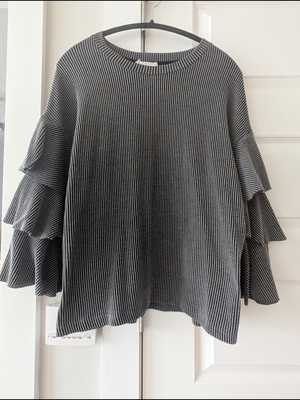 Lush Black & Gray Striped Ruffle Sleeve Top